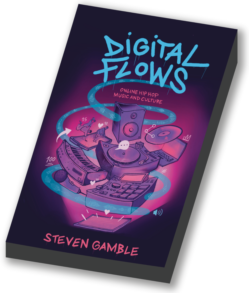 3d-style image showing the book cover for Digital Flows, featuring a swirl of digital interactions with hip hop